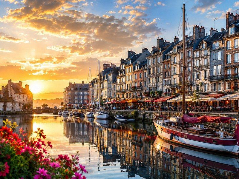 The tall houses around the old harbour at Honfleur at sunset
