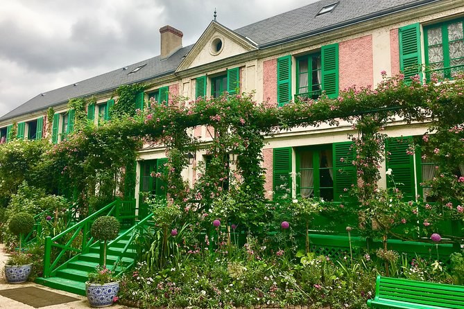 The pink house with green shutters where Monet lived at Giverny