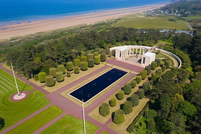 The memorial and reflecting pool of the Normandy American Cemetery from above