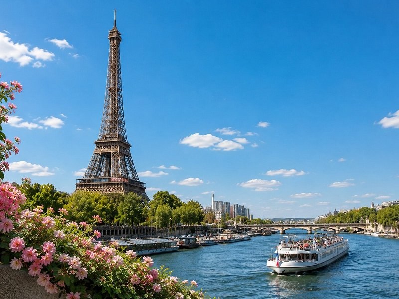 The Seine and the Eiffel Tower on a clear morning in Paris